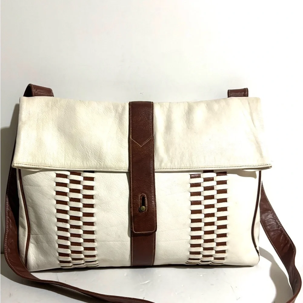 Bettina white & brown woven leather crossbody handbag